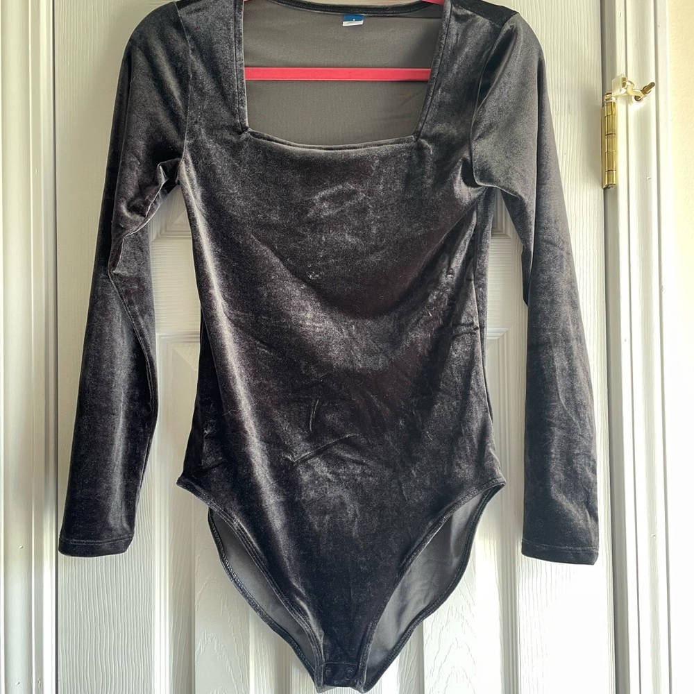 Dark gray Velvet Long Sleeve Bodysuit